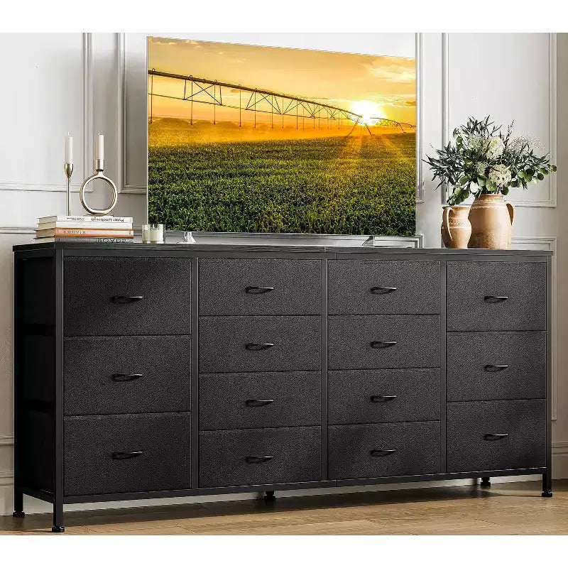 Cassettiera comodino porta TV a 14 cassetti in tessuto grigio, 160 cm di larghezza, monoposto
