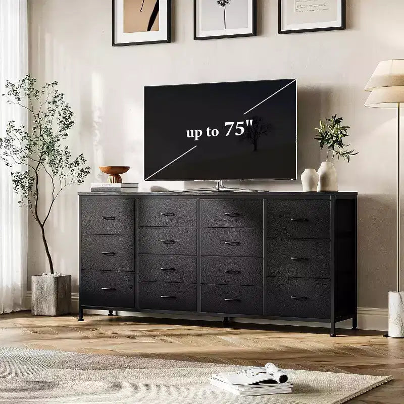 Cassettiera comodino porta TV a 14 cassetti in tessuto grigio, 160 cm di larghezza, monoposto