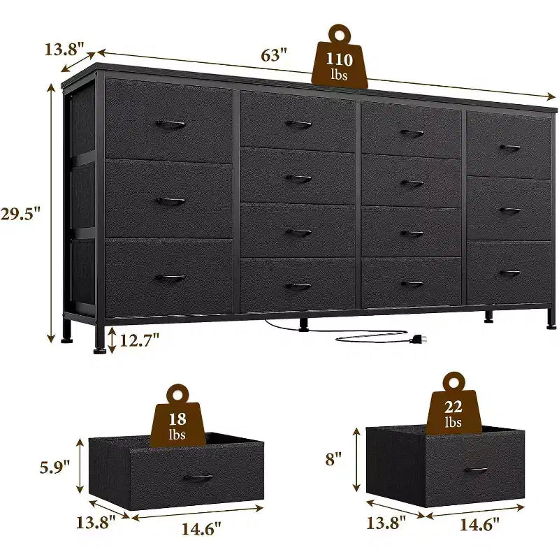 Cassettiera comodino porta TV a 14 cassetti in tessuto grigio, 160 cm di larghezza, monoposto