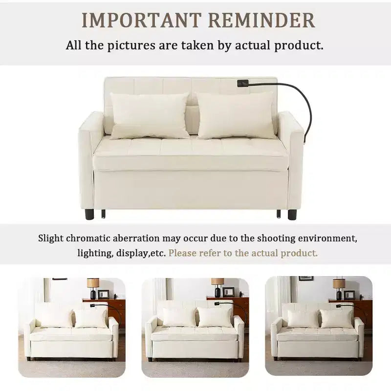 Divano letto a due posti convertibile, 2 posti | Beige / Nero / Blu / Marrone / Grigio / Verde | Porte USB e tasche laterali
