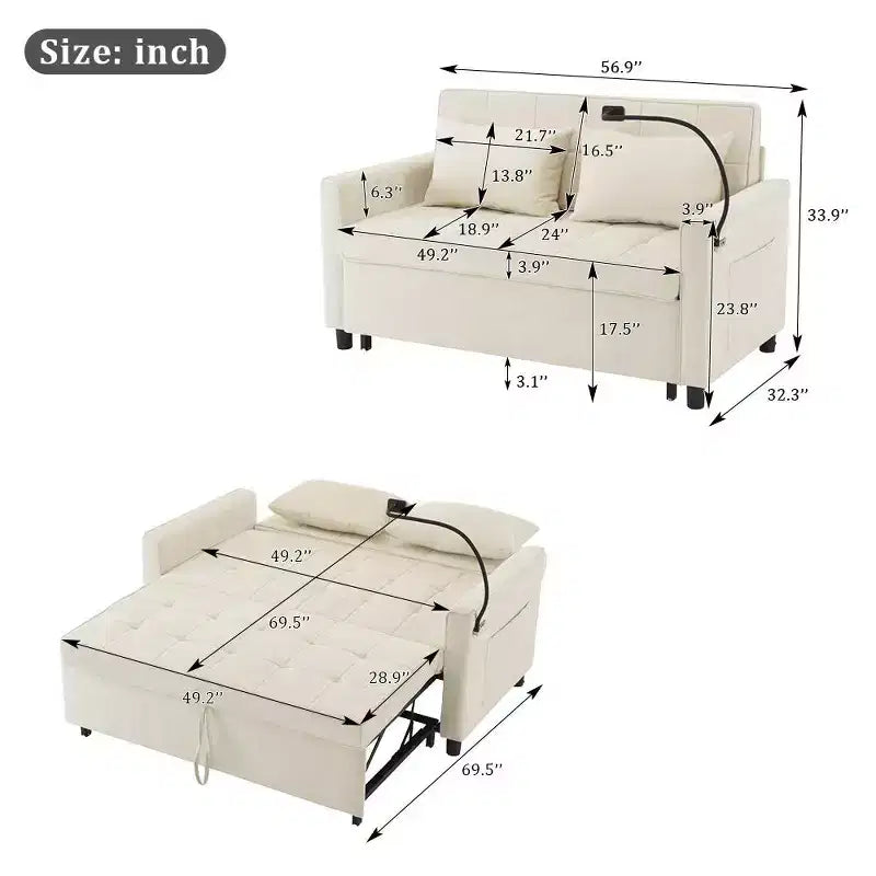Divano letto a due posti convertibile, 2 posti | Beige / Nero / Blu / Marrone / Grigio / Verde | Porte USB e tasche laterali