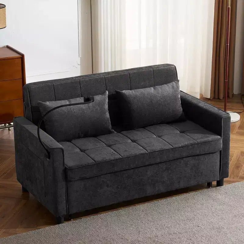 Divano letto a due posti convertibile, 2 posti | Beige / Nero / Blu / Marrone / Grigio / Verde | Porte USB e tasche laterali