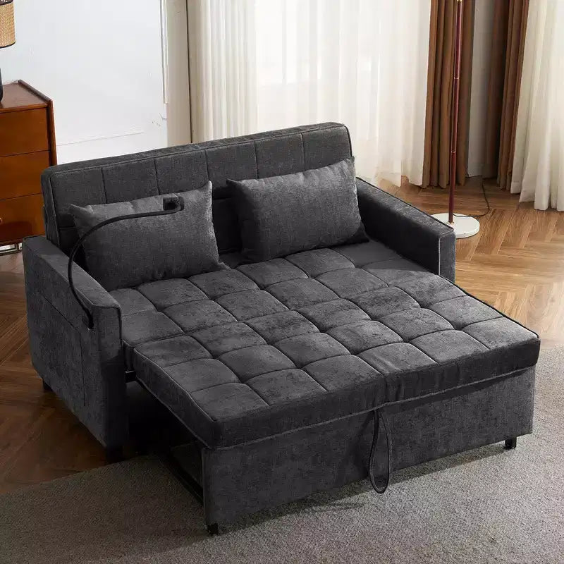 Divano letto a due posti convertibile, 2 posti | Beige / Nero / Blu / Marrone / Grigio / Verde | Porte USB e tasche laterali