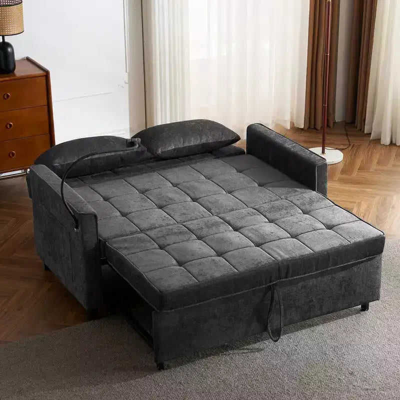 Divano letto a due posti convertibile, 2 posti | Beige / Nero / Blu / Marrone / Grigio / Verde | Porte USB e tasche laterali