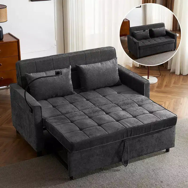 Divano letto a due posti convertibile, 2 posti | Beige / Nero / Blu / Marrone / Grigio / Verde | Porte USB e tasche laterali