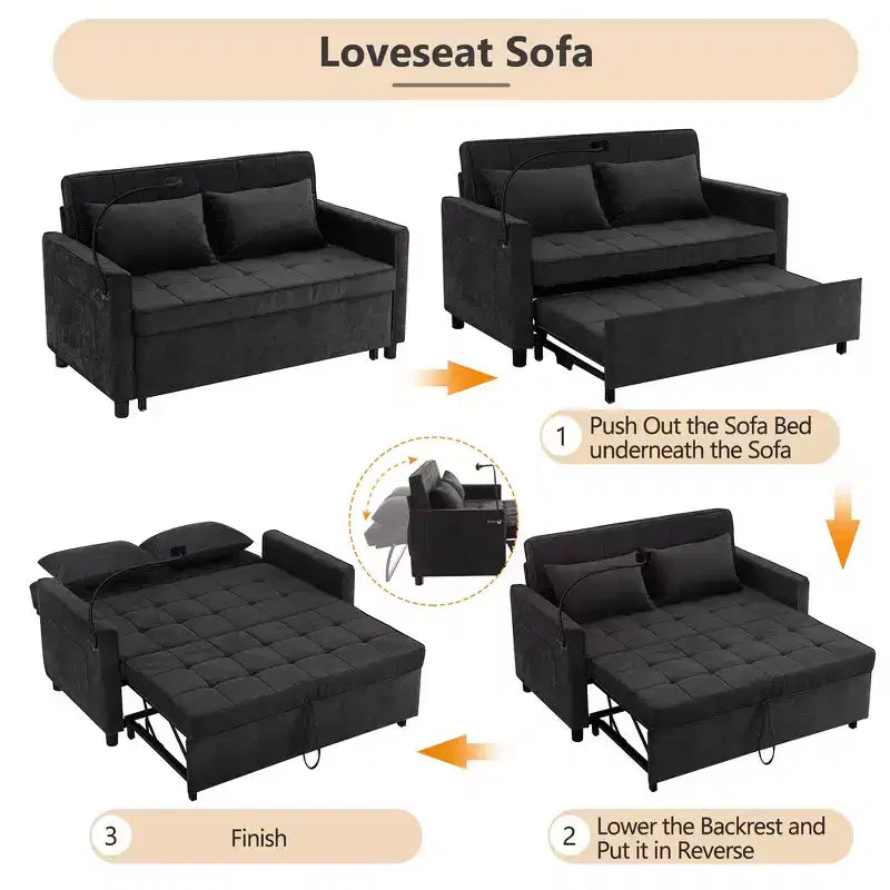 Divano letto a due posti convertibile, 2 posti | Beige / Nero / Blu / Marrone / Grigio / Verde | Porte USB e tasche laterali