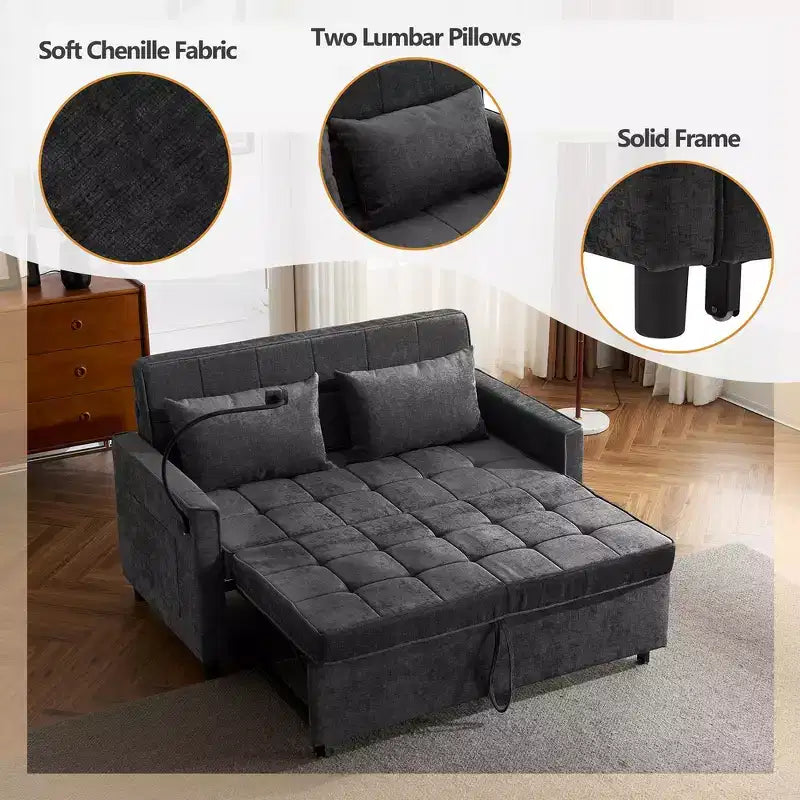 Divano letto a due posti convertibile, 2 posti | Beige / Nero / Blu / Marrone / Grigio / Verde | Porte USB e tasche laterali