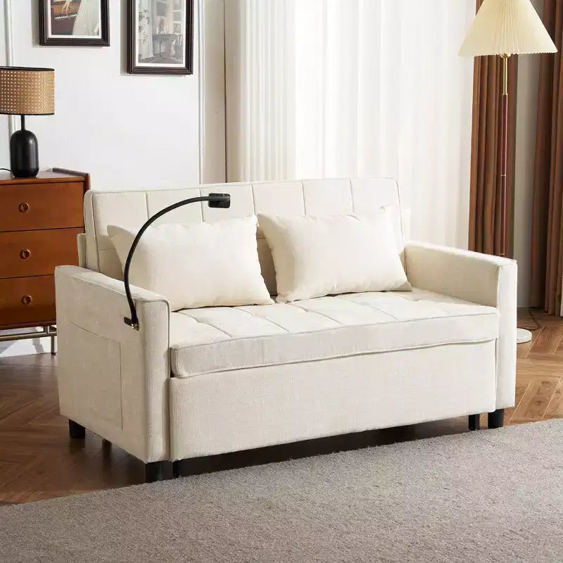 Divano letto a due posti convertibile, 2 posti | Beige / Nero / Blu / Marrone / Grigio / Verde | Porte USB e tasche laterali