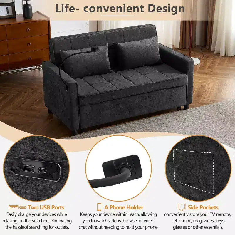 Divano letto a due posti convertibile, 2 posti | Beige / Nero / Blu / Marrone / Grigio / Verde | Porte USB e tasche laterali