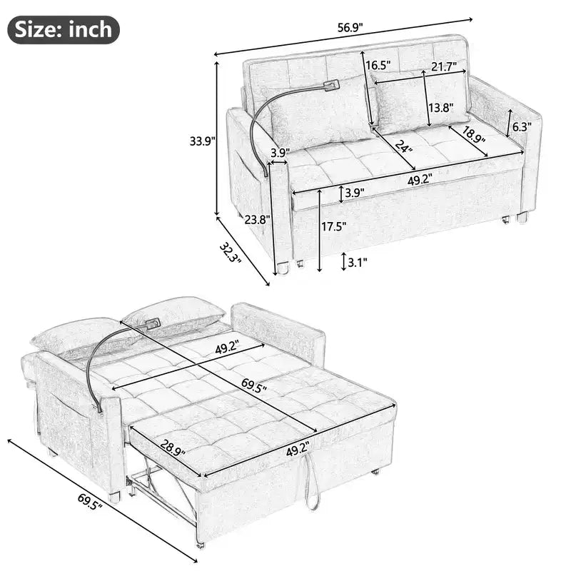 Divano letto a due posti convertibile, 2 posti | Beige / Nero / Blu / Marrone / Grigio / Verde | Porte USB e tasche laterali