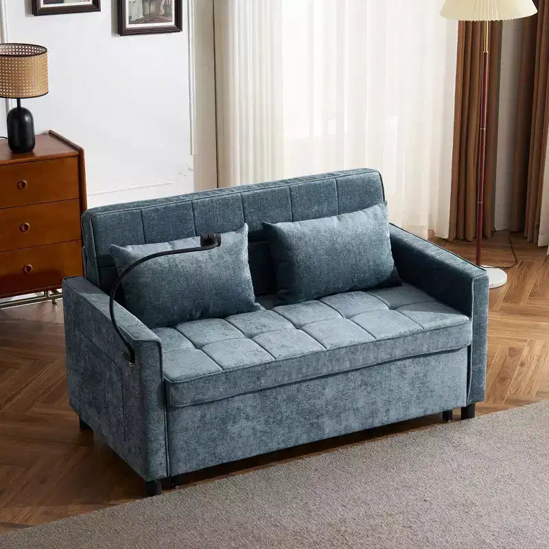 Divano letto a due posti convertibile, 2 posti | Beige / Nero / Blu / Marrone / Grigio / Verde | Porte USB e tasche laterali