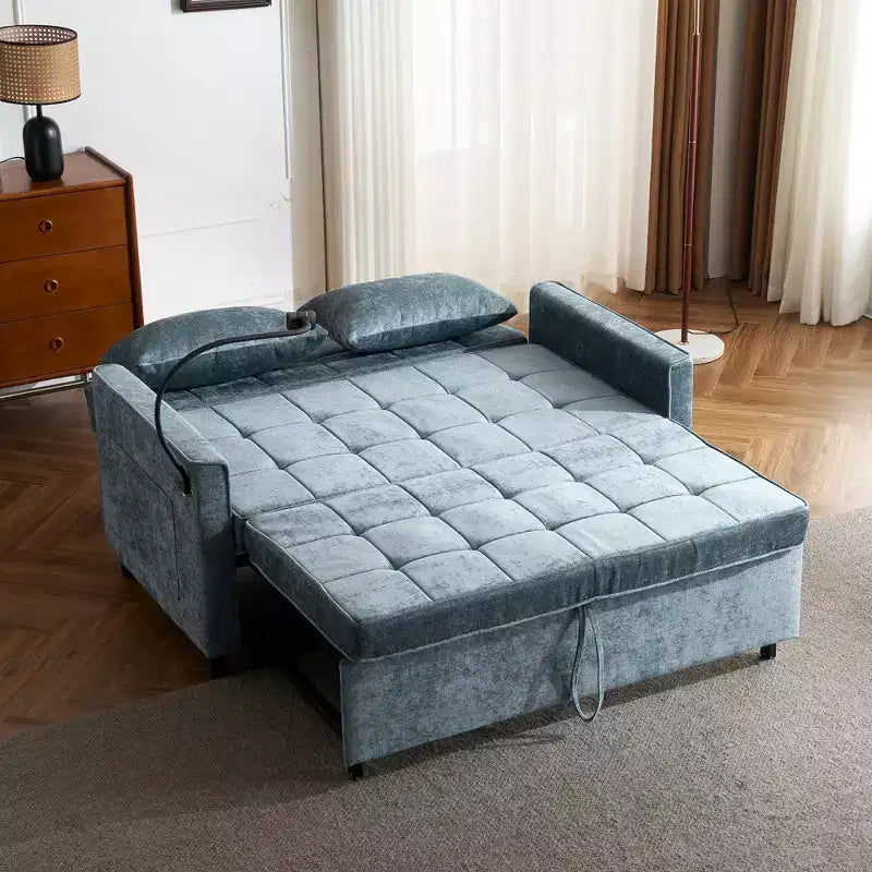 Divano letto a due posti convertibile, 2 posti | Beige / Nero / Blu / Marrone / Grigio / Verde | Porte USB e tasche laterali