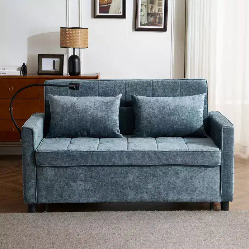Divano letto a due posti convertibile, 2 posti | Beige / Nero / Blu / Marrone / Grigio / Verde | Porte USB e tasche laterali