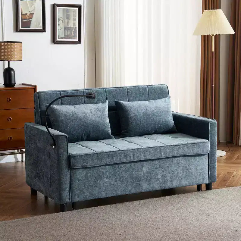 Divano letto a due posti convertibile, 2 posti | Beige / Nero / Blu / Marrone / Grigio / Verde | Porte USB e tasche laterali