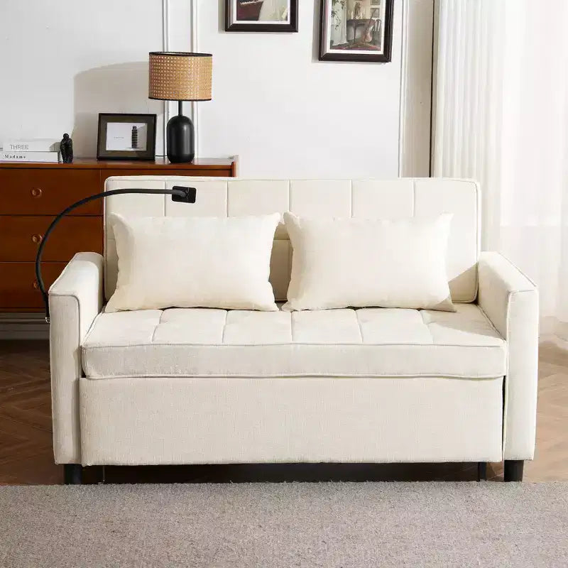Divano letto a due posti convertibile, 2 posti | Beige / Nero / Blu / Marrone / Grigio / Verde | Porte USB e tasche laterali