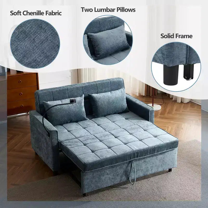Divano letto a due posti convertibile, 2 posti | Beige / Nero / Blu / Marrone / Grigio / Verde | Porte USB e tasche laterali