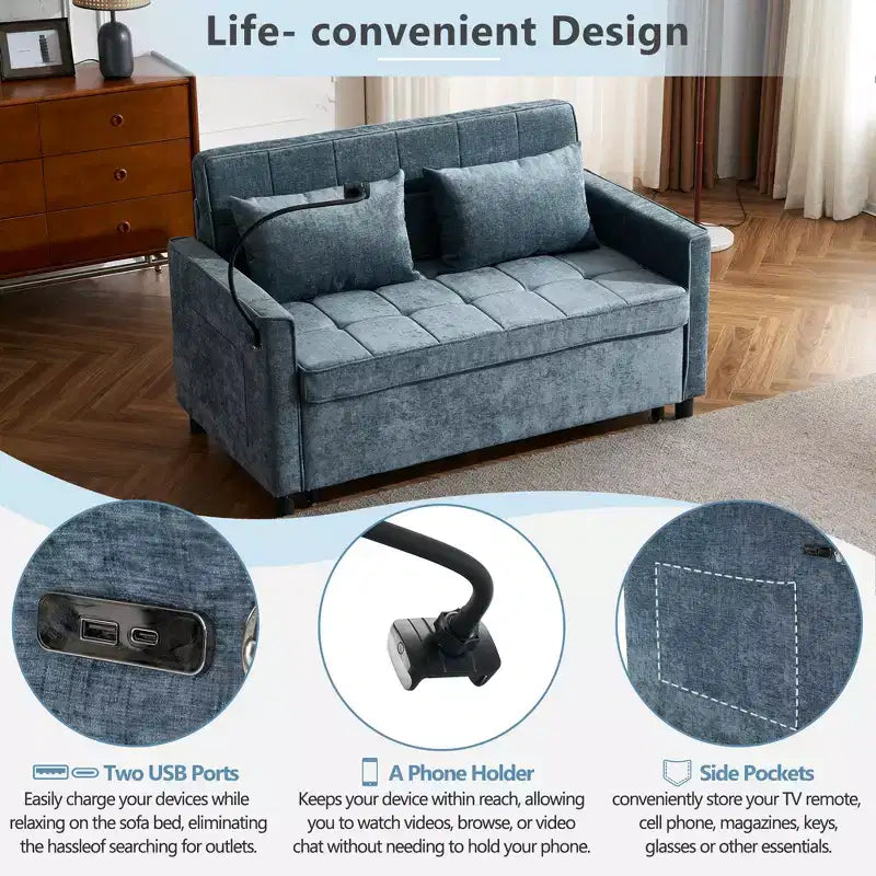 Divano letto a due posti convertibile, 2 posti | Beige / Nero / Blu / Marrone / Grigio / Verde | Porte USB e tasche laterali