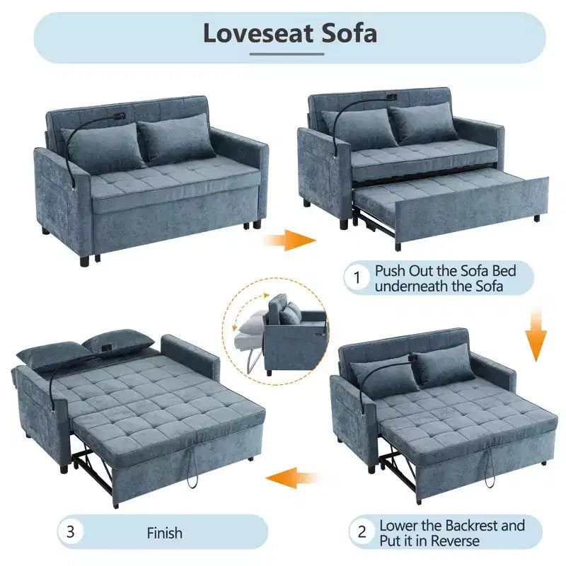 Divano letto a due posti convertibile, 2 posti | Beige / Nero / Blu / Marrone / Grigio / Verde | Porte USB e tasche laterali