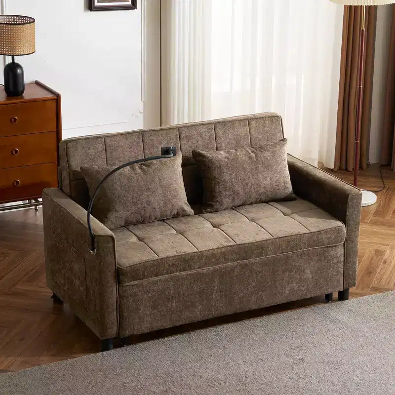 Divano letto a due posti convertibile, 2 posti | Beige / Nero / Blu / Marrone / Grigio / Verde | Porte USB e tasche laterali