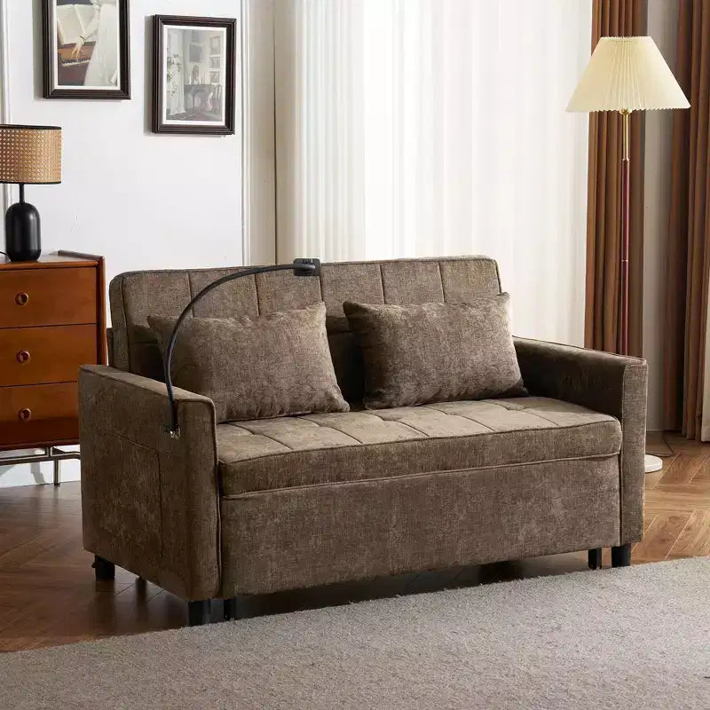 Divano letto a due posti convertibile, 2 posti | Beige / Nero / Blu / Marrone / Grigio / Verde | Porte USB e tasche laterali