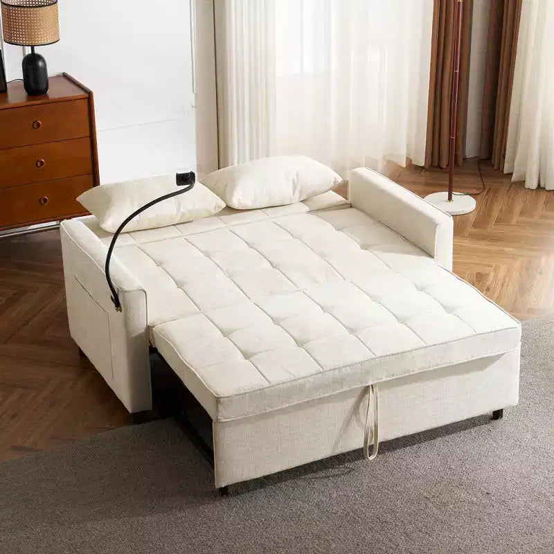 Divano letto a due posti convertibile, 2 posti | Beige / Nero / Blu / Marrone / Grigio / Verde | Porte USB e tasche laterali