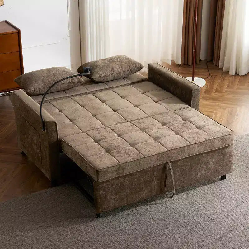 Divano letto a due posti convertibile, 2 posti | Beige / Nero / Blu / Marrone / Grigio / Verde | Porte USB e tasche laterali