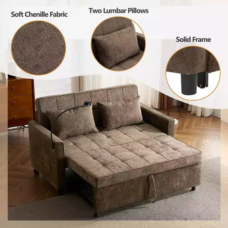 Divano letto a due posti convertibile, 2 posti | Beige / Nero / Blu / Marrone / Grigio / Verde | Porte USB e tasche laterali