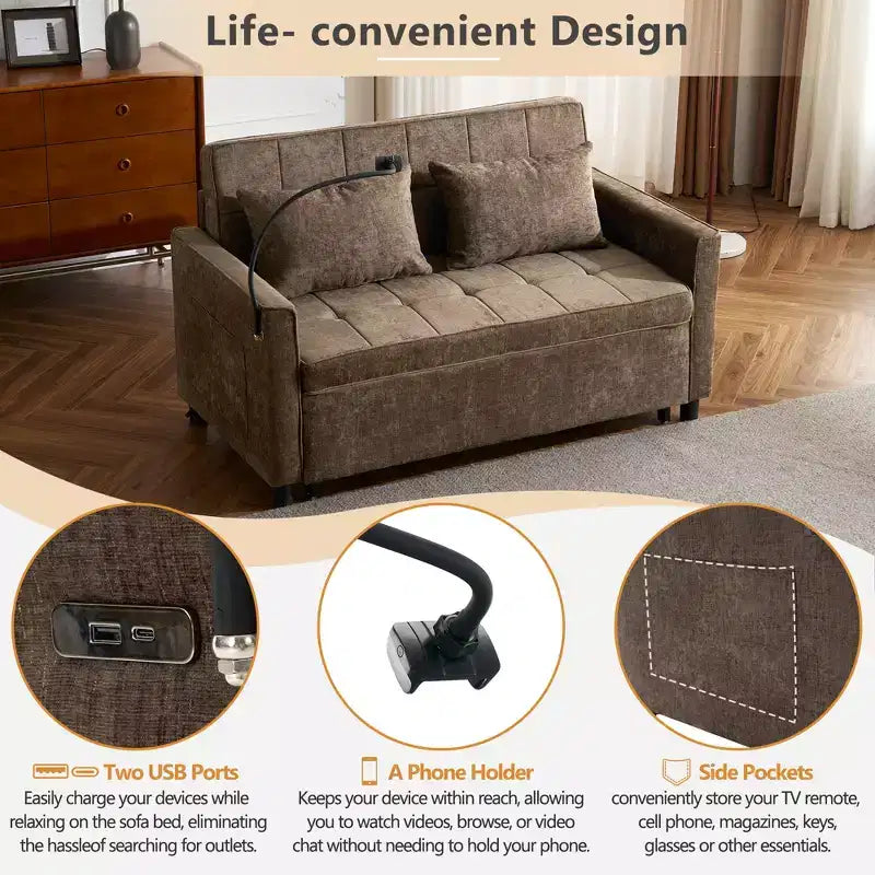 Divano letto a due posti convertibile, 2 posti | Beige / Nero / Blu / Marrone / Grigio / Verde | Porte USB e tasche laterali