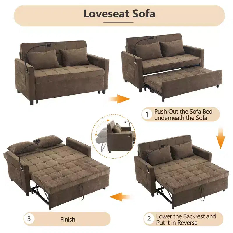 Divano letto a due posti convertibile, 2 posti | Beige / Nero / Blu / Marrone / Grigio / Verde | Porte USB e tasche laterali