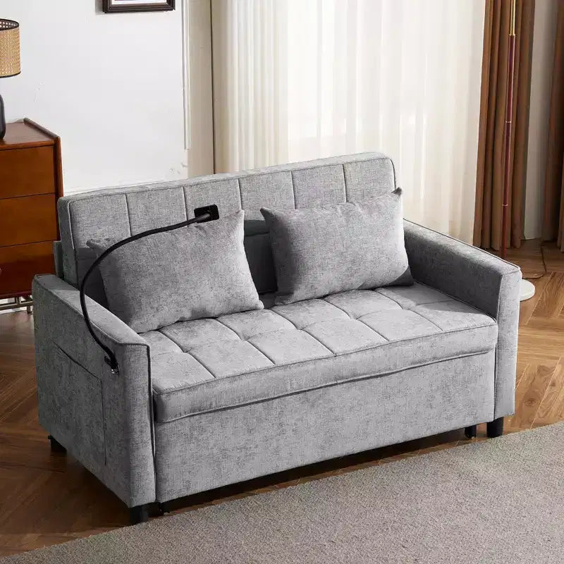 Divano letto a due posti convertibile, 2 posti | Beige / Nero / Blu / Marrone / Grigio / Verde | Porte USB e tasche laterali