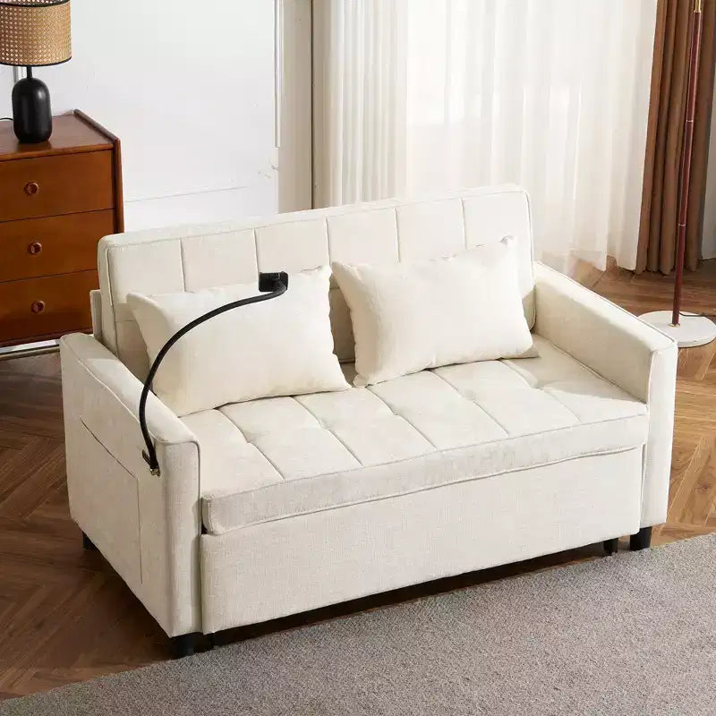 Divano letto a due posti convertibile, 2 posti | Beige / Nero / Blu / Marrone / Grigio / Verde | Porte USB e tasche laterali
