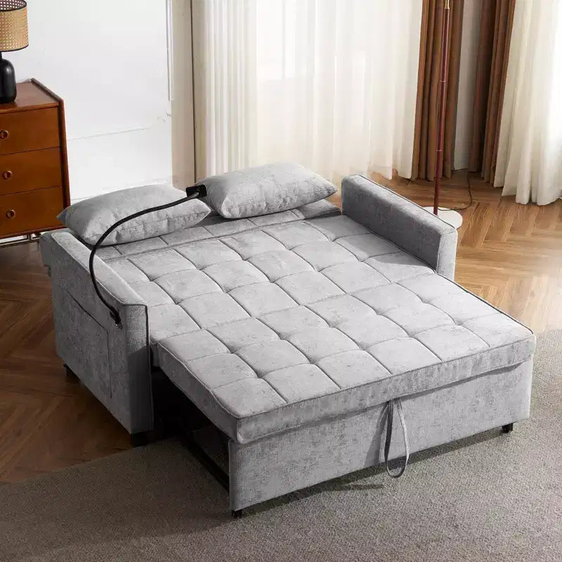 Divano letto a due posti convertibile, 2 posti | Beige / Nero / Blu / Marrone / Grigio / Verde | Porte USB e tasche laterali