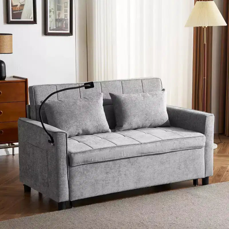 Divano letto a due posti convertibile, 2 posti | Beige / Nero / Blu / Marrone / Grigio / Verde | Porte USB e tasche laterali