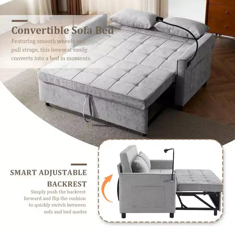 Divano letto a due posti convertibile, 2 posti | Beige / Nero / Blu / Marrone / Grigio / Verde | Porte USB e tasche laterali
