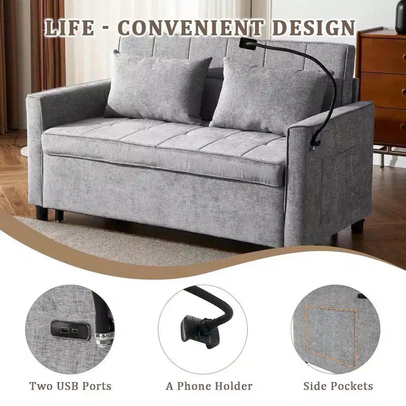 Divano letto a due posti convertibile, 2 posti | Beige / Nero / Blu / Marrone / Grigio / Verde | Porte USB e tasche laterali