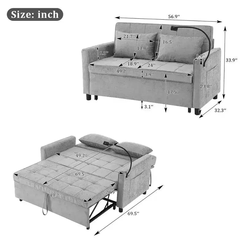 Divano letto a due posti convertibile, 2 posti | Beige / Nero / Blu / Marrone / Grigio / Verde | Porte USB e tasche laterali