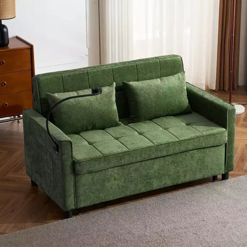 Divano letto a due posti convertibile, 2 posti | Beige / Nero / Blu / Marrone / Grigio / Verde | Porte USB e tasche laterali