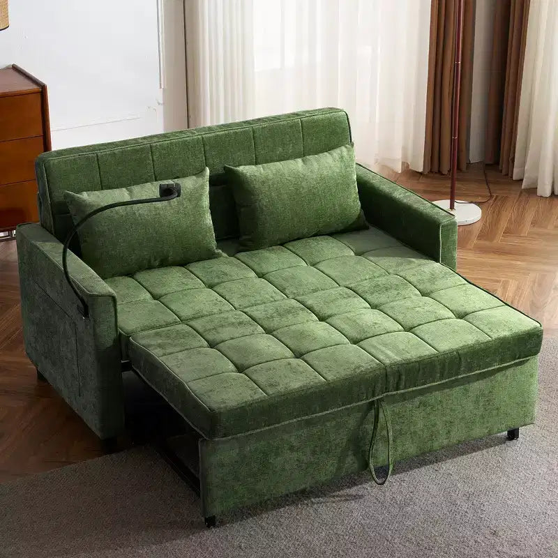 Divano letto a due posti convertibile, 2 posti | Beige / Nero / Blu / Marrone / Grigio / Verde | Porte USB e tasche laterali