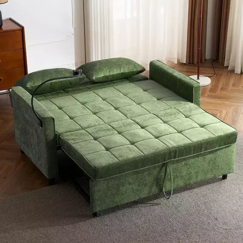 Divano letto a due posti convertibile, 2 posti | Beige / Nero / Blu / Marrone / Grigio / Verde | Porte USB e tasche laterali