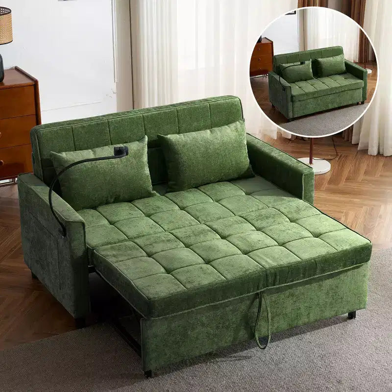 Divano letto a due posti convertibile, 2 posti | Beige / Nero / Blu / Marrone / Grigio / Verde | Porte USB e tasche laterali