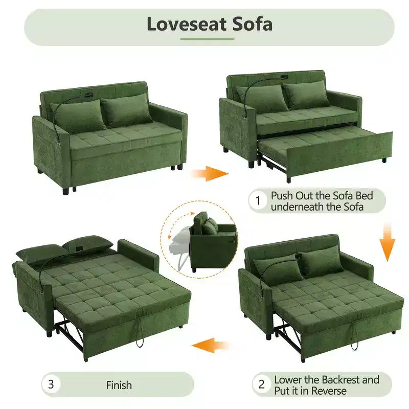 Divano letto a due posti convertibile, 2 posti | Beige / Nero / Blu / Marrone / Grigio / Verde | Porte USB e tasche laterali