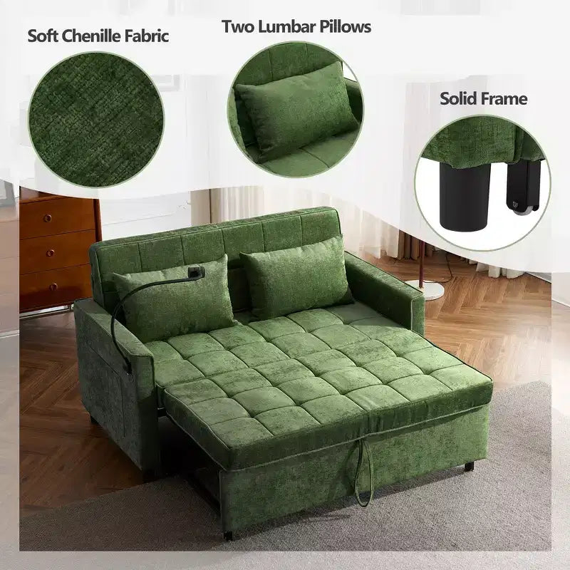 Divano letto a due posti convertibile, 2 posti | Beige / Nero / Blu / Marrone / Grigio / Verde | Porte USB e tasche laterali