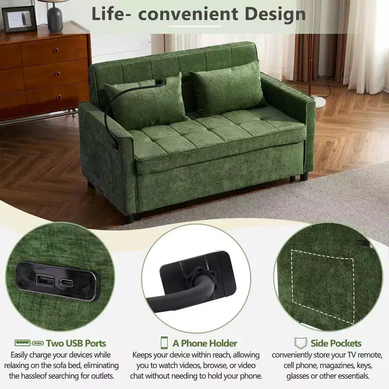 Divano letto a due posti convertibile, 2 posti | Beige / Nero / Blu / Marrone / Grigio / Verde | Porte USB e tasche laterali