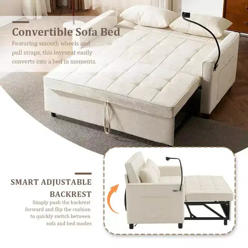 Divano letto a due posti convertibile, 2 posti | Beige / Nero / Blu / Marrone / Grigio / Verde | Porte USB e tasche laterali