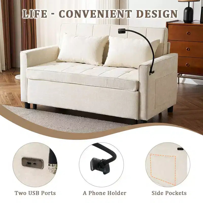 Divano letto a due posti convertibile, 2 posti | Beige / Nero / Blu / Marrone / Grigio / Verde | Porte USB e tasche laterali