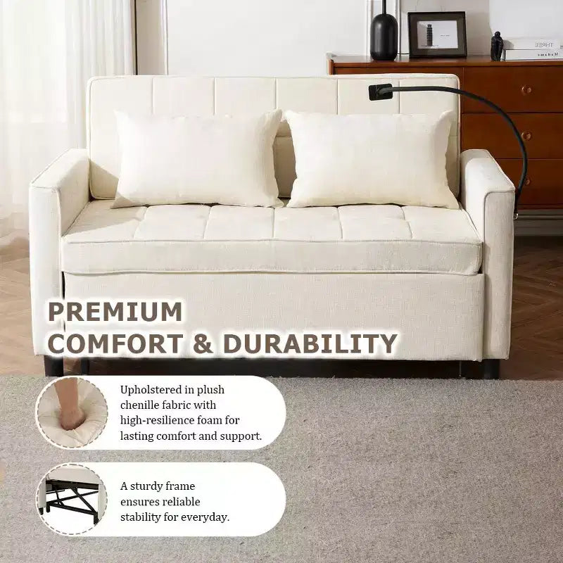 Divano letto a due posti convertibile, 2 posti | Beige / Nero / Blu / Marrone / Grigio / Verde | Porte USB e tasche laterali