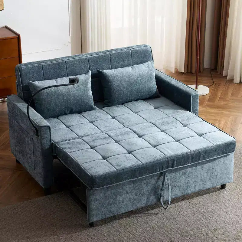 Divano letto a due posti convertibile, 2 posti | Beige / Nero / Blu / Marrone / Grigio / Verde | Porte USB e tasche laterali