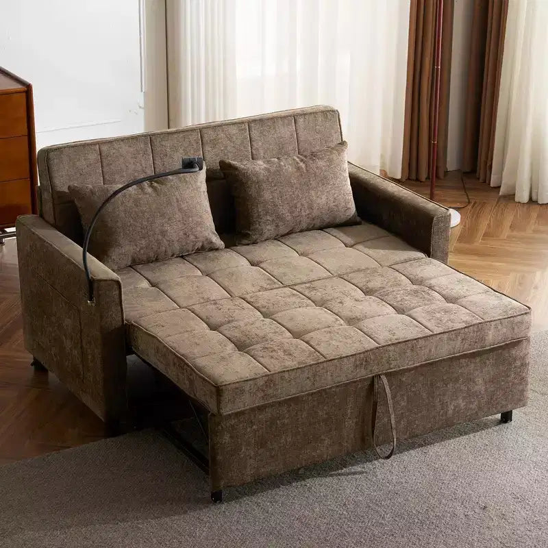 Divano letto a due posti convertibile, 2 posti | Beige / Nero / Blu / Marrone / Grigio / Verde | Porte USB e tasche laterali
