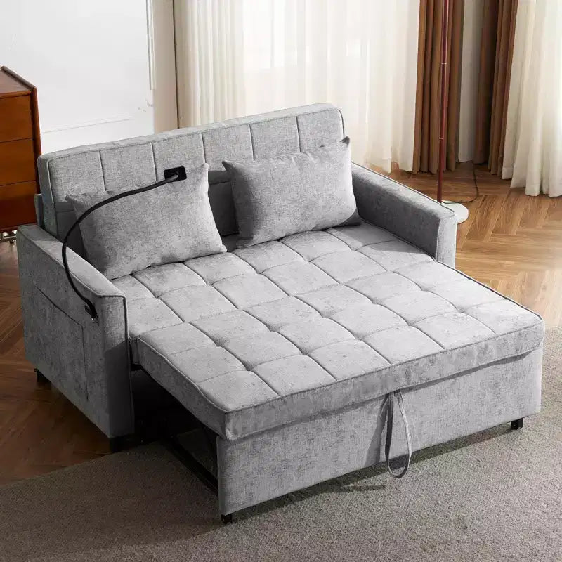 Divano letto a due posti convertibile, 2 posti | Beige / Nero / Blu / Marrone / Grigio / Verde | Porte USB e tasche laterali