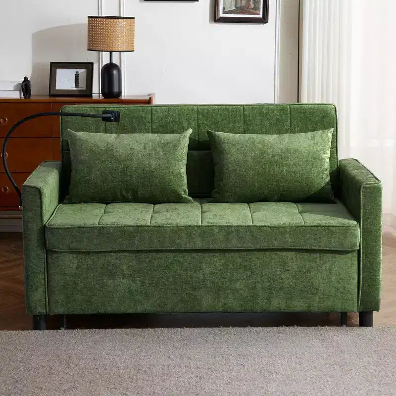 Divano letto a due posti convertibile, 2 posti | Beige / Nero / Blu / Marrone / Grigio / Verde | Porte USB e tasche laterali